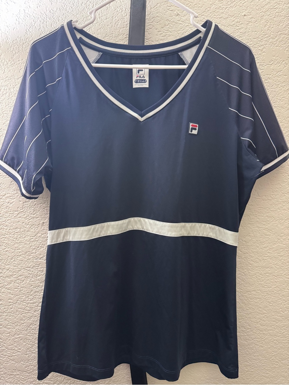 FILA Women's Navy Short Sleeve V-Neck Shirt with White Trim